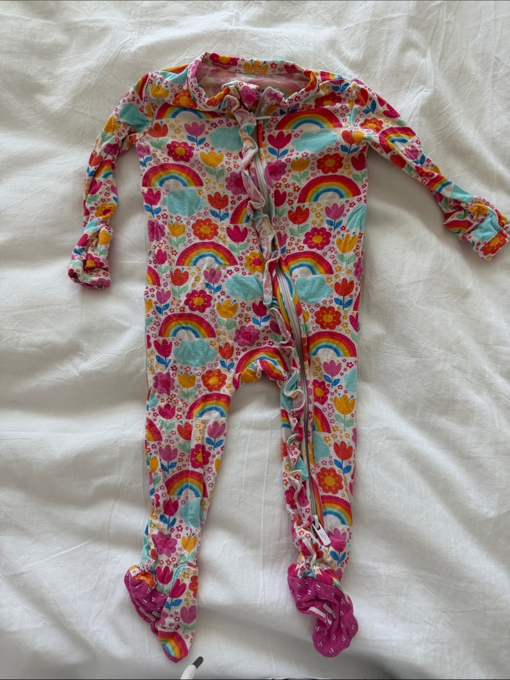Posh Peanut Rainbow & Floral Footed One-Piece Pajamas - Pink, Yellow, Blue